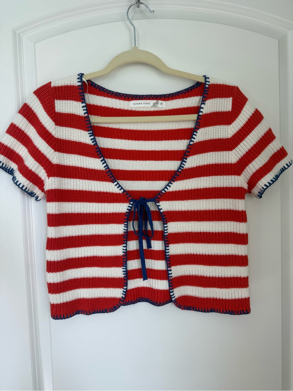 Altar’d State Striped Tie-Front Knit Top - Red & White with Blue Trim. Medium